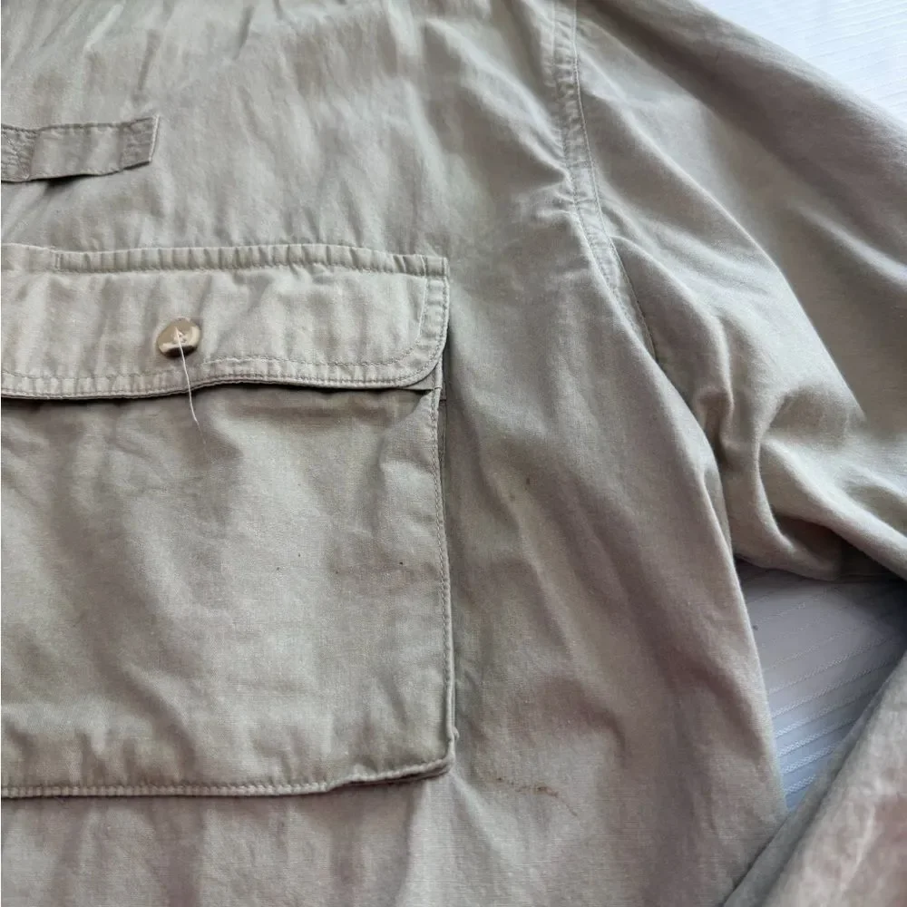 Orvis Men’s Khaki Cargo Vintage Camp Button Up Shirt Size Large
